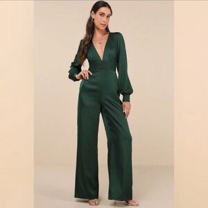 New Lulus Holiday Party Green Satin Long Sleeve Wide Leg Jumpsuit Large